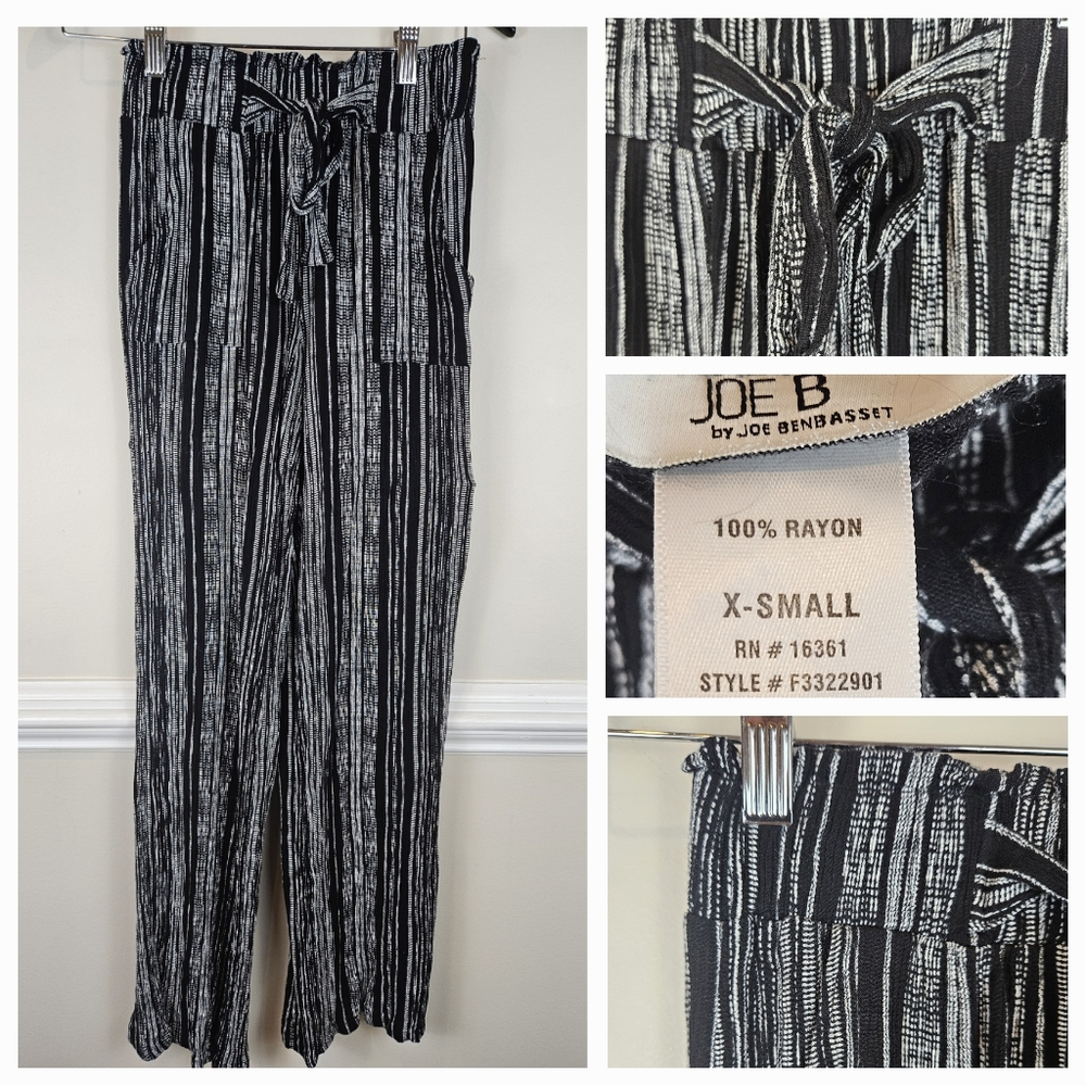 Joe B Paper Bag Waist Tie Front Wide Leg Flowy Black and White Striped Pant 0620